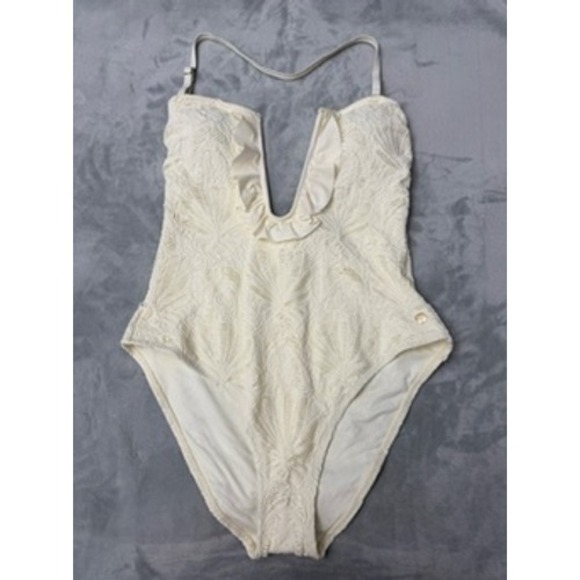 CeCe Other - NWT CECE One Piece Swimsuit Womens Cream Lace Ruffle Deep V-Neck Sz10 $88